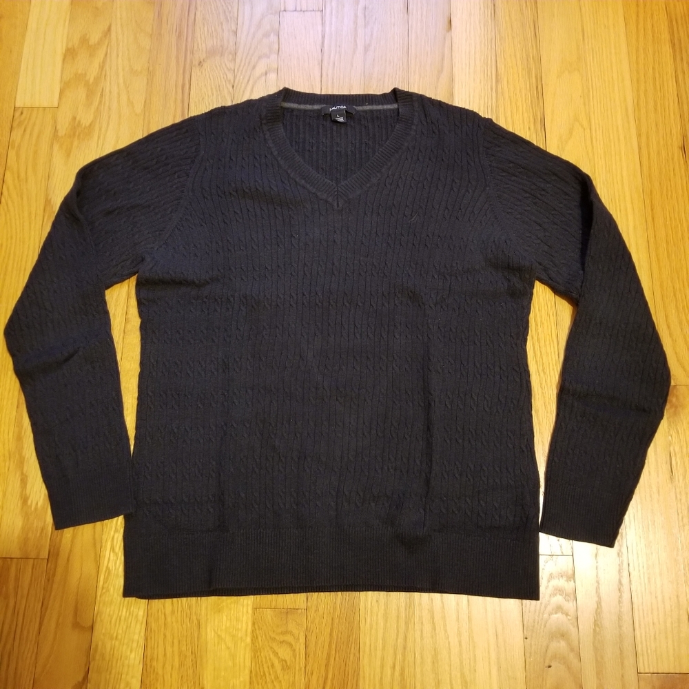 Nautica Long Sleeve V-Neck Pullover Logo Knit Sweater Blue Women's Size Large